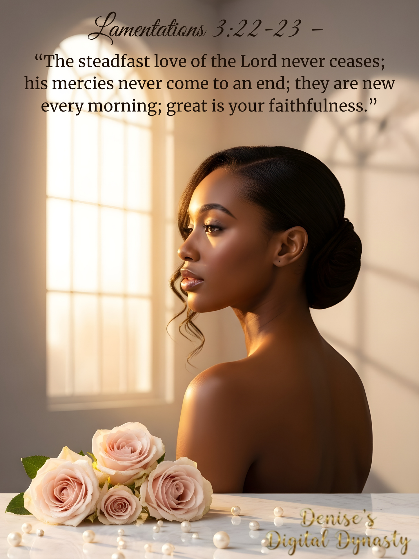 Woman holding flowers with a religious quote on a soft background