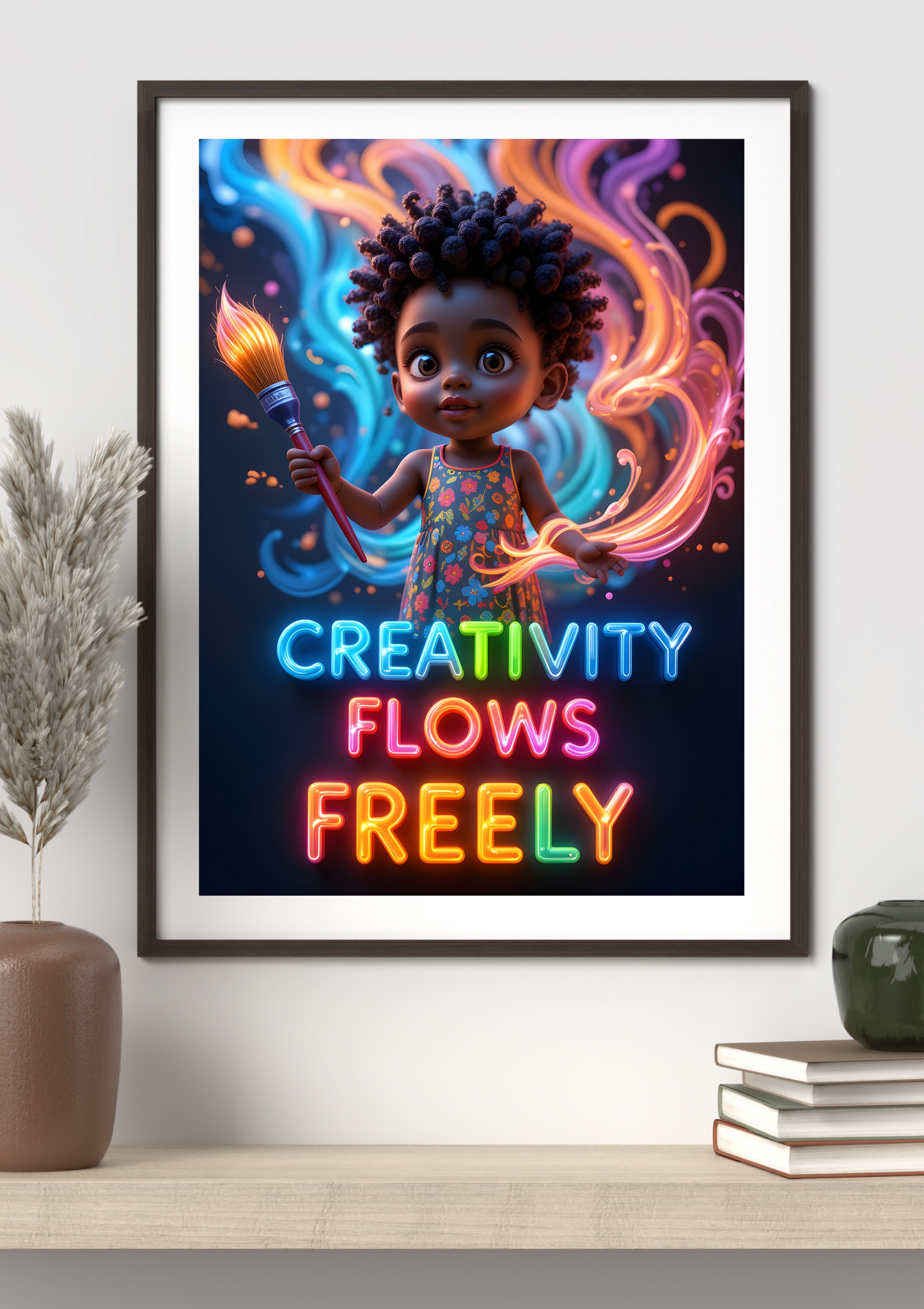 Framed artwork of a child holding a paintbrush with colorful flames, featuring the text 'Creativity Flows Freely'.