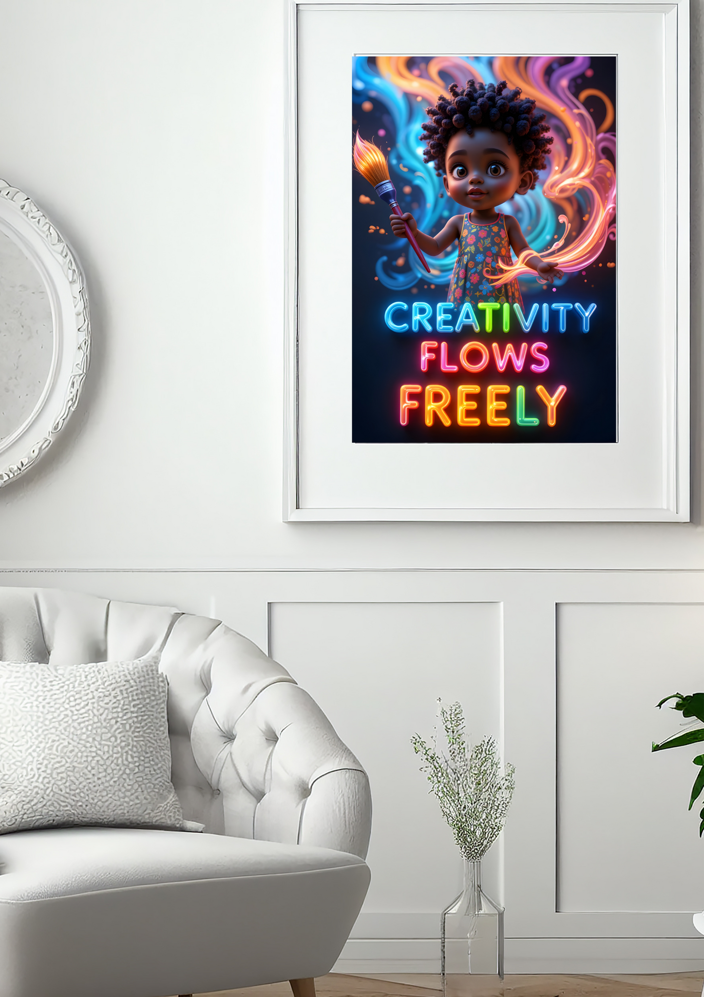 Framed artwork with a child and 'Creativity Flows Freely' text in a living room setting.