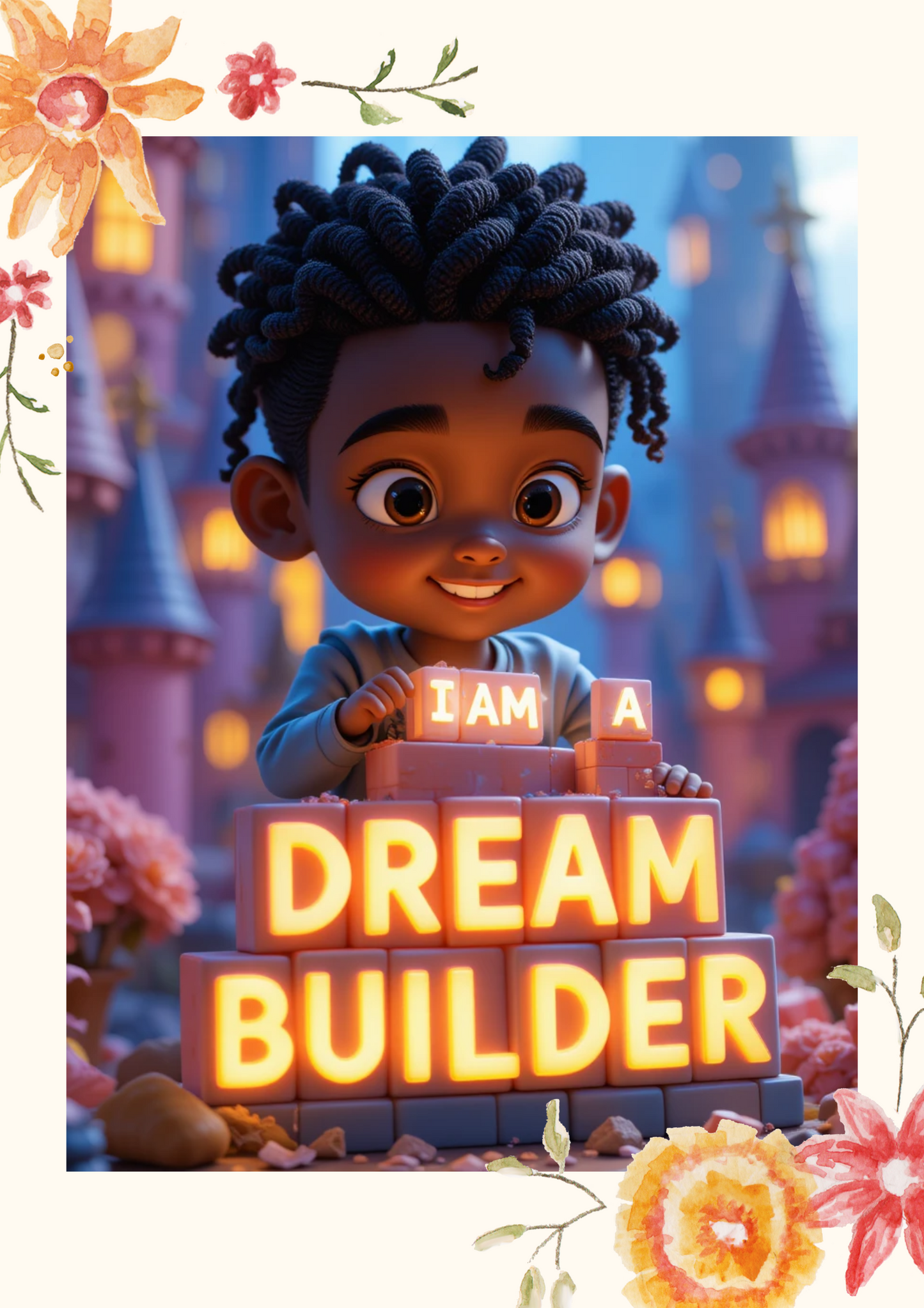 Animated character holding blocks that say 'I am a Dream Builder' with a castle in the background.