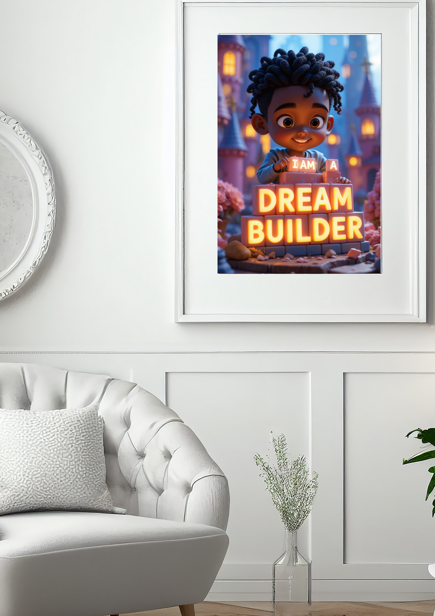 Framed poster of a child with 'I am a Dream Builder' text in a living room setting.