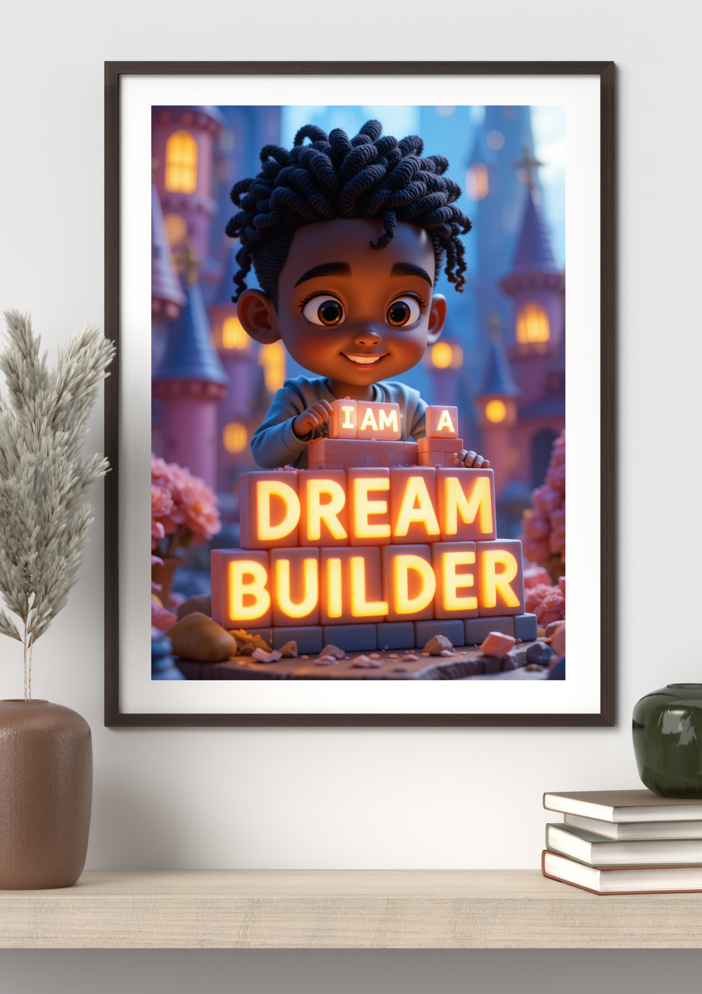 Framed poster of a child holding a sign that says 'I am a Dream Builder' in a magical setting.