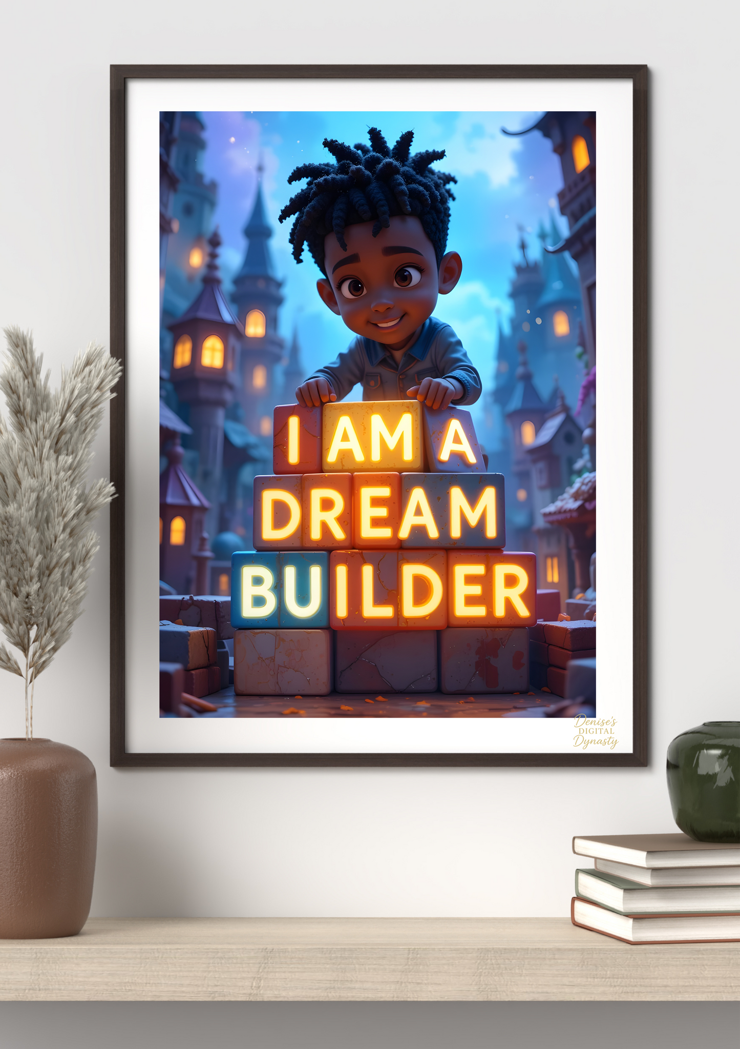 Framed poster of a child holding 'I AM A DREAM BUILDER' sign with a festive background.
