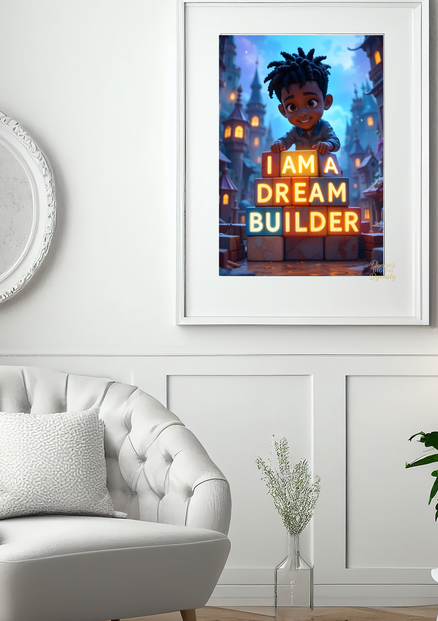 Framed artwork with a child and 'I am a Dream Builder' text in a living room setting.