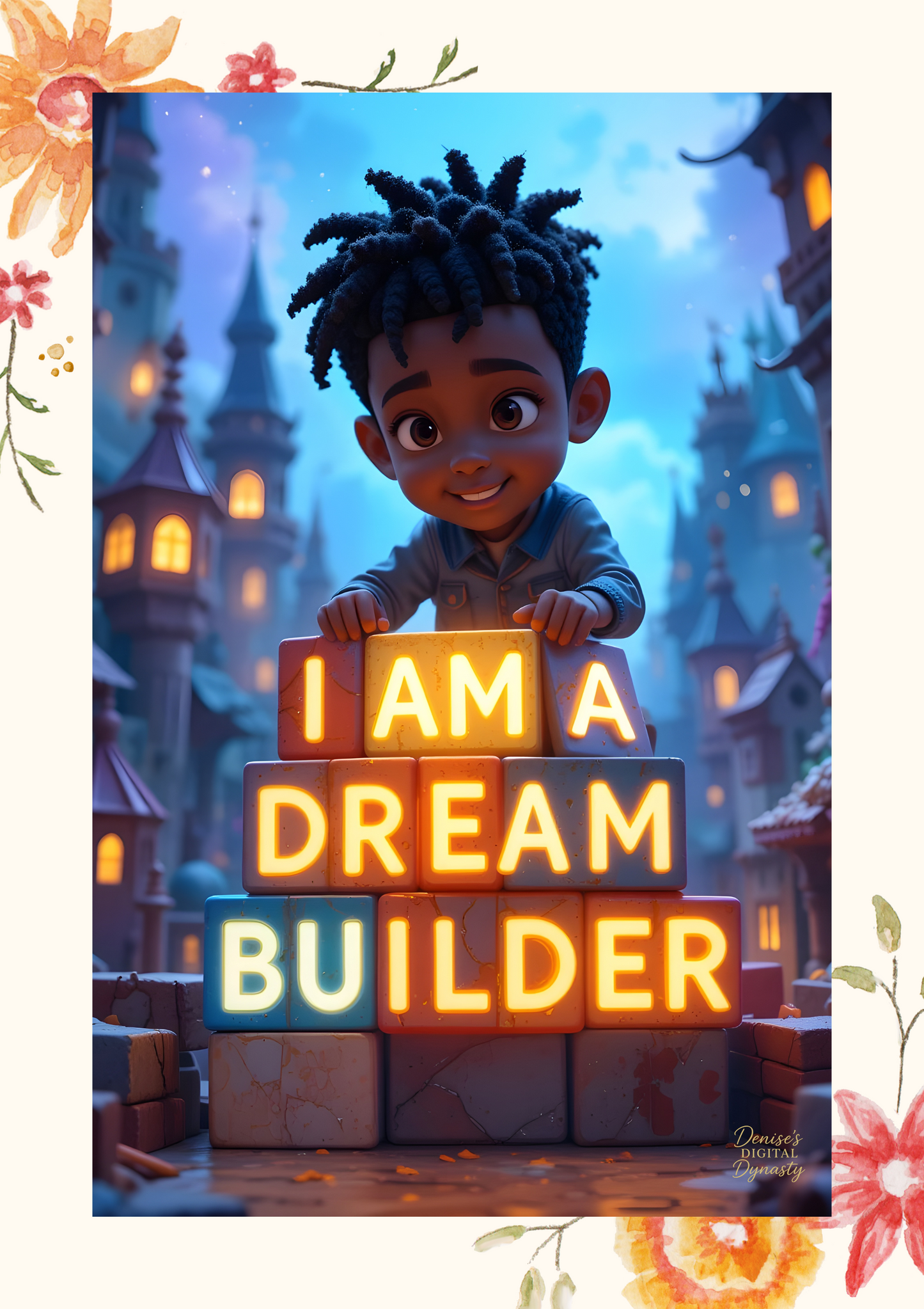 Book cover with a child and colorful blocks spelling 'I AM A DREAM BUILDER' against a night-time cityscape.