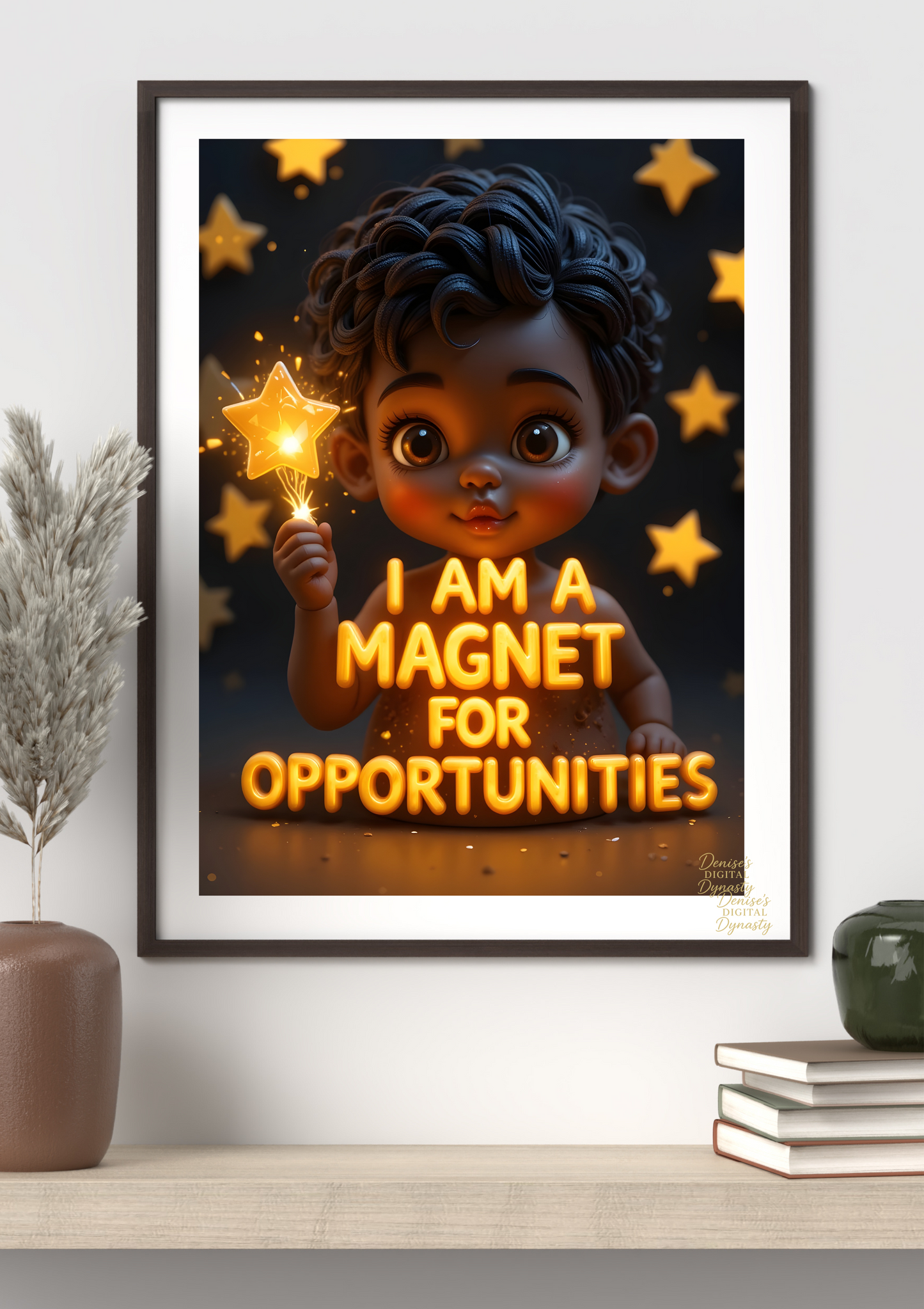 Framed artwork of a child holding a star with 'I am a magnet for opportunities' text on a wall.