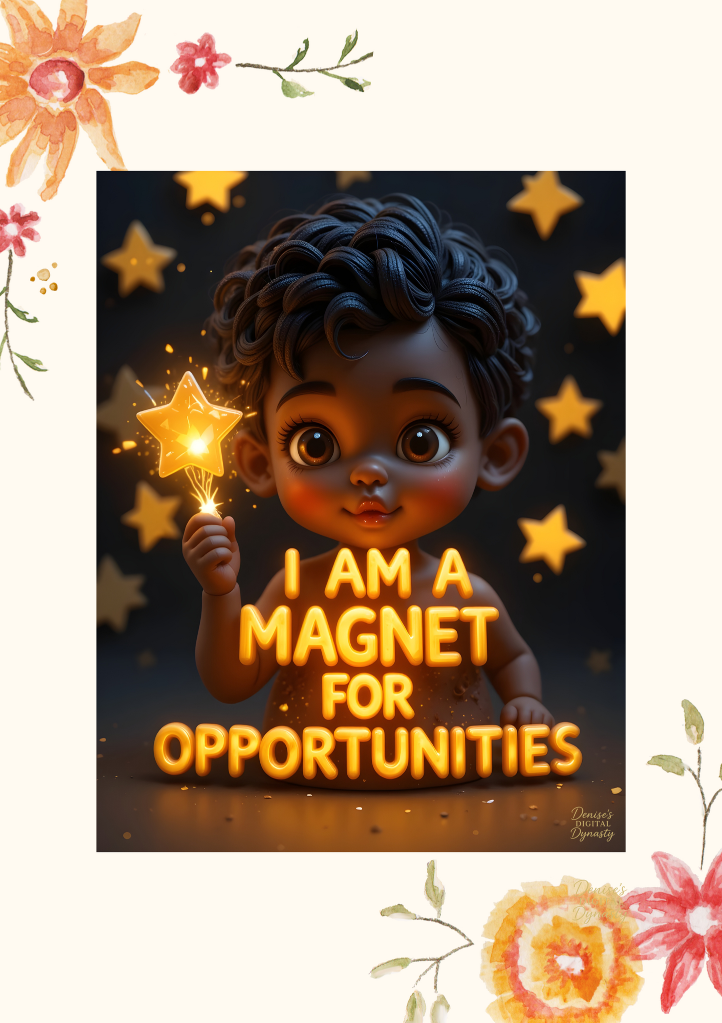 Illustration of a child holding a star with text 'I am a magnet for opportunities' on a dark background with stars.
