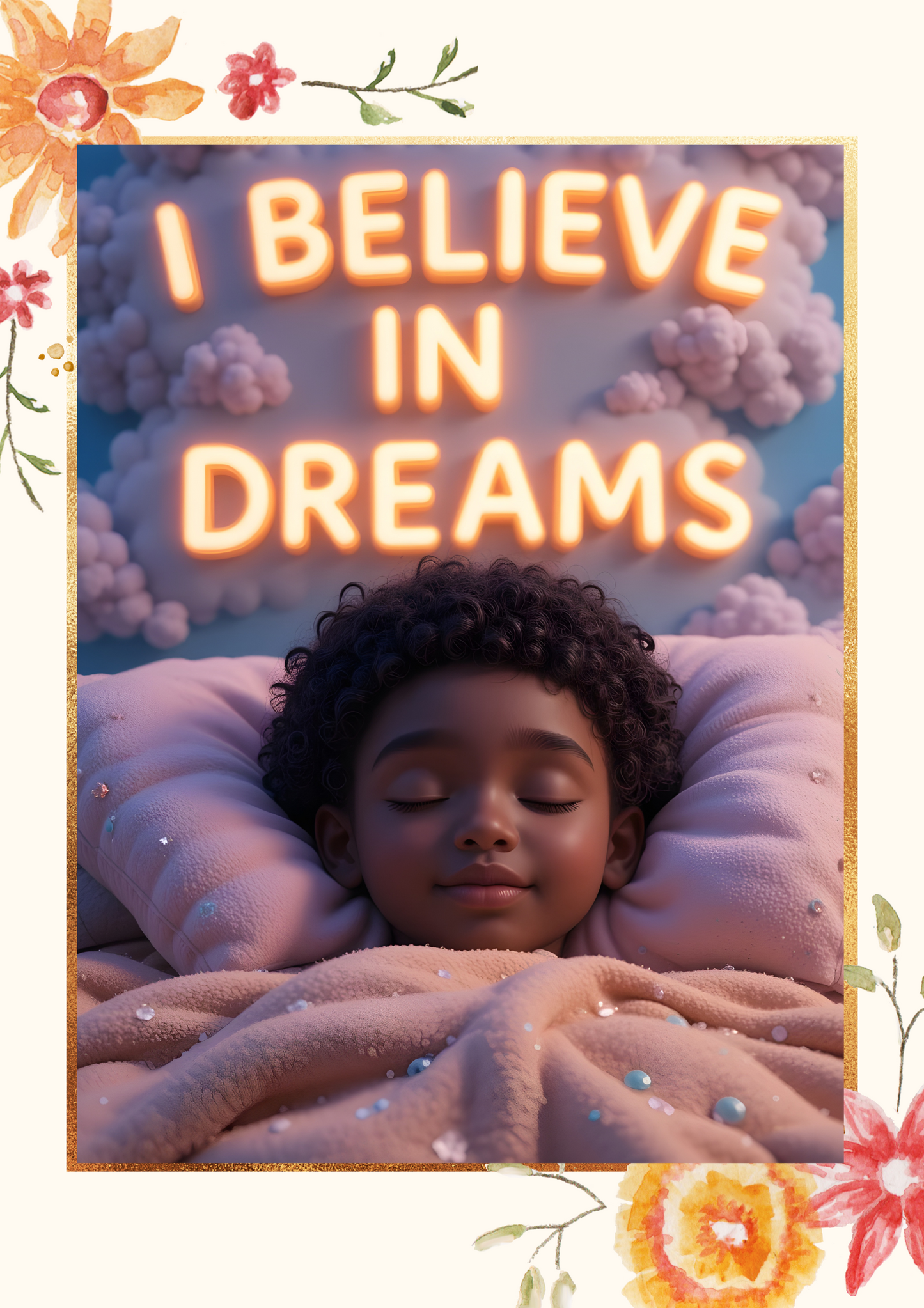Child lying in bed with 'I Believe in Dreams' text above, surrounded by floral elements.