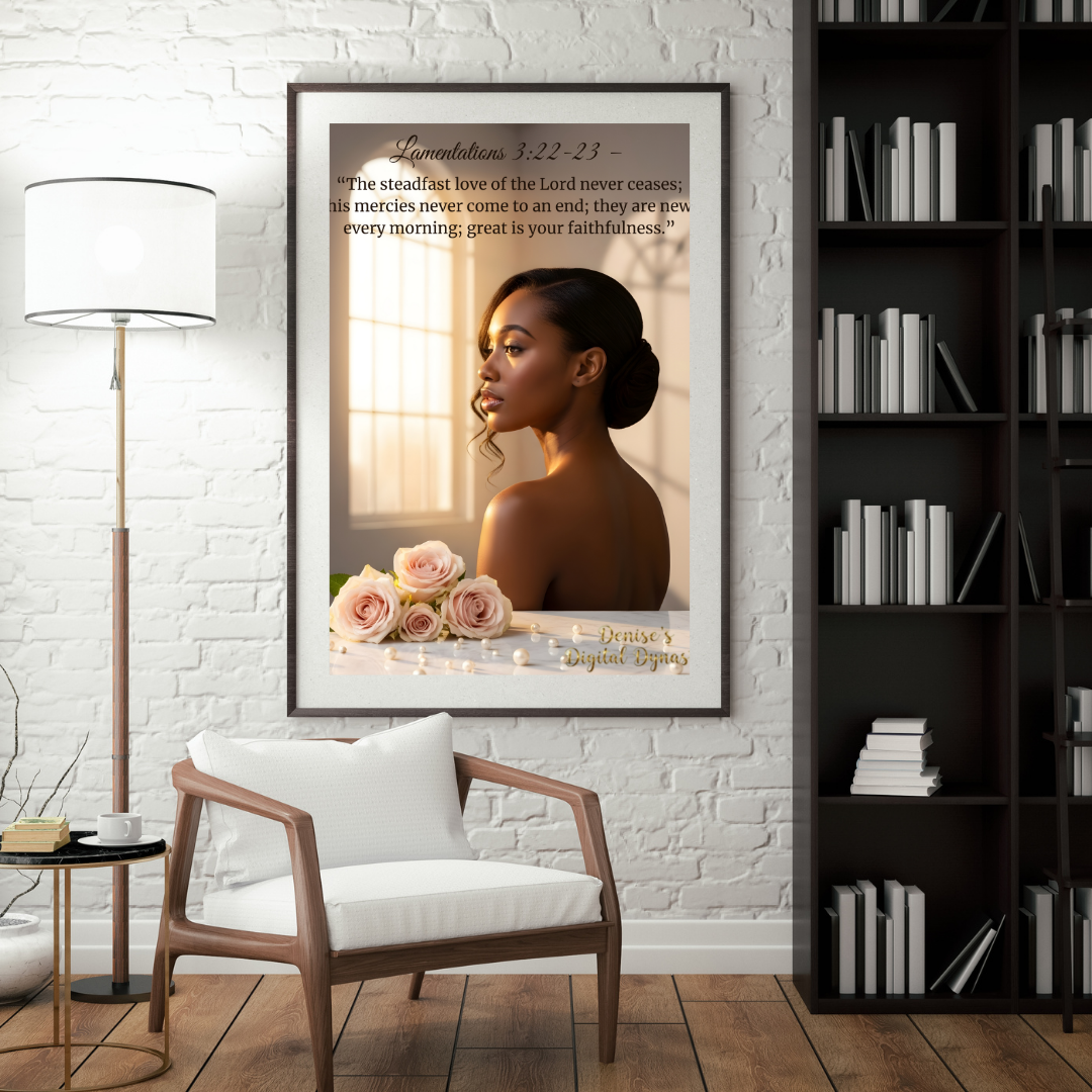 Framed artwork of a woman with roses in a room with a lamp, chair, and bookshelf.