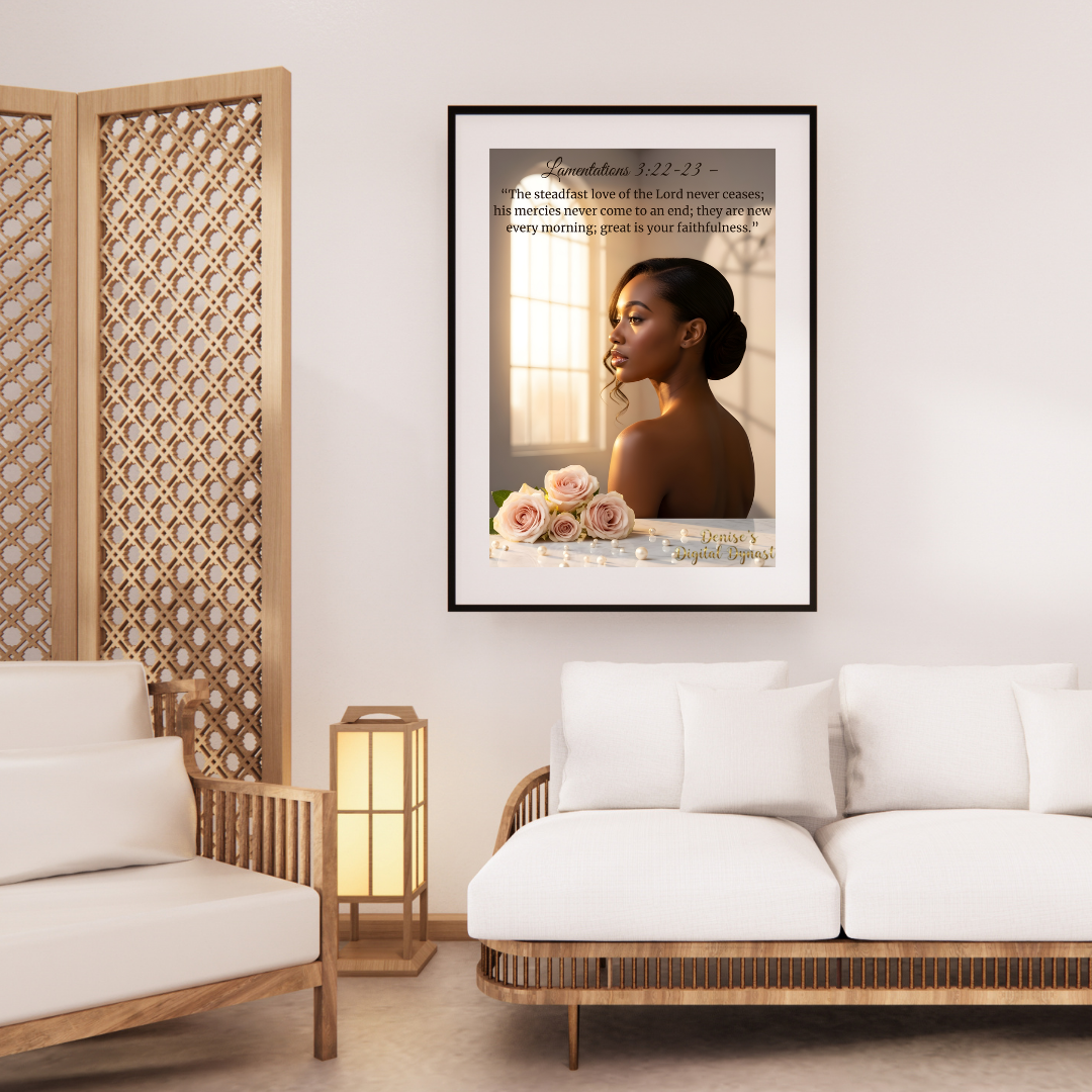 Framed artwork of a woman with roses in a living room setting