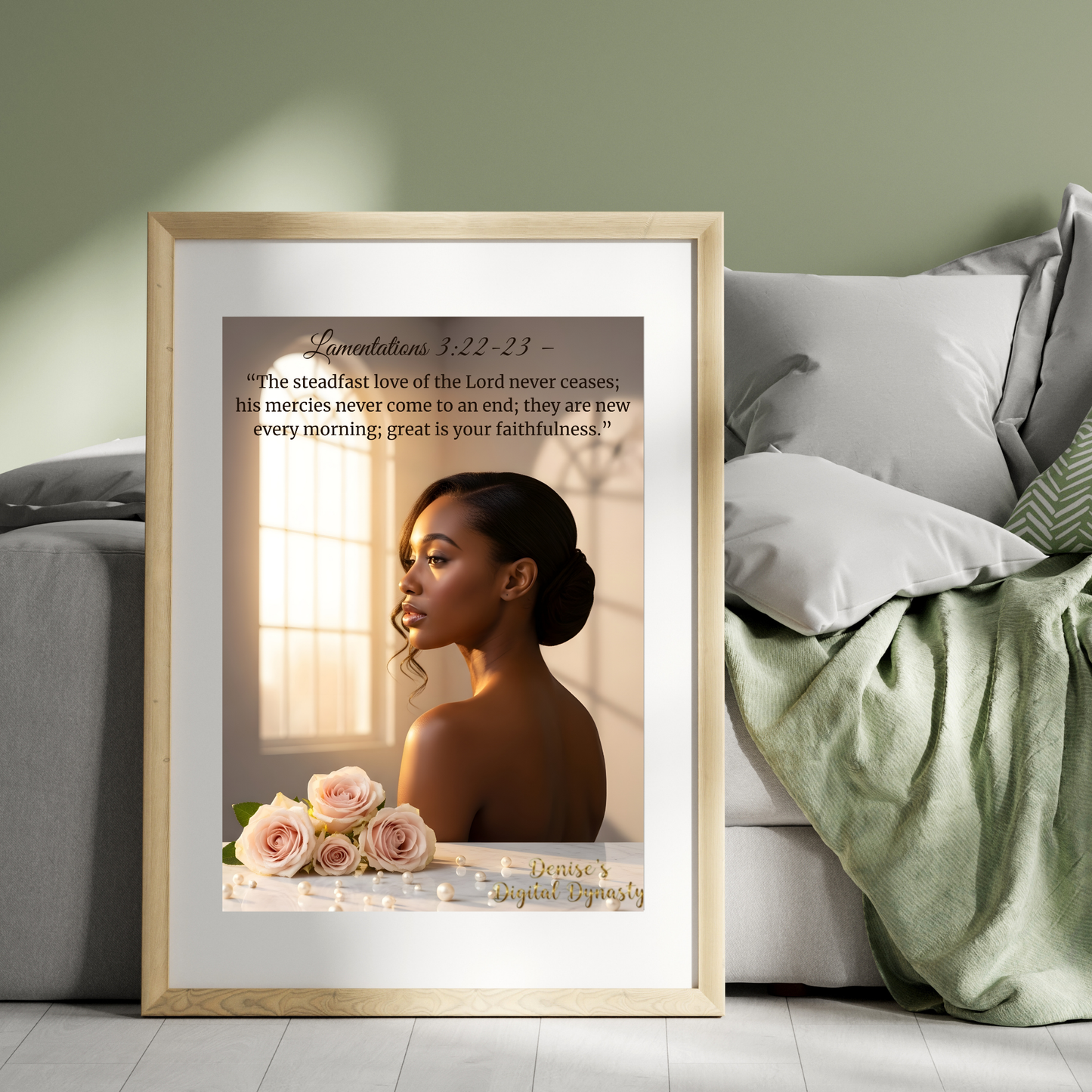 Framed artwork with a woman's portrait and inspirational quote on a wall in a living room.
