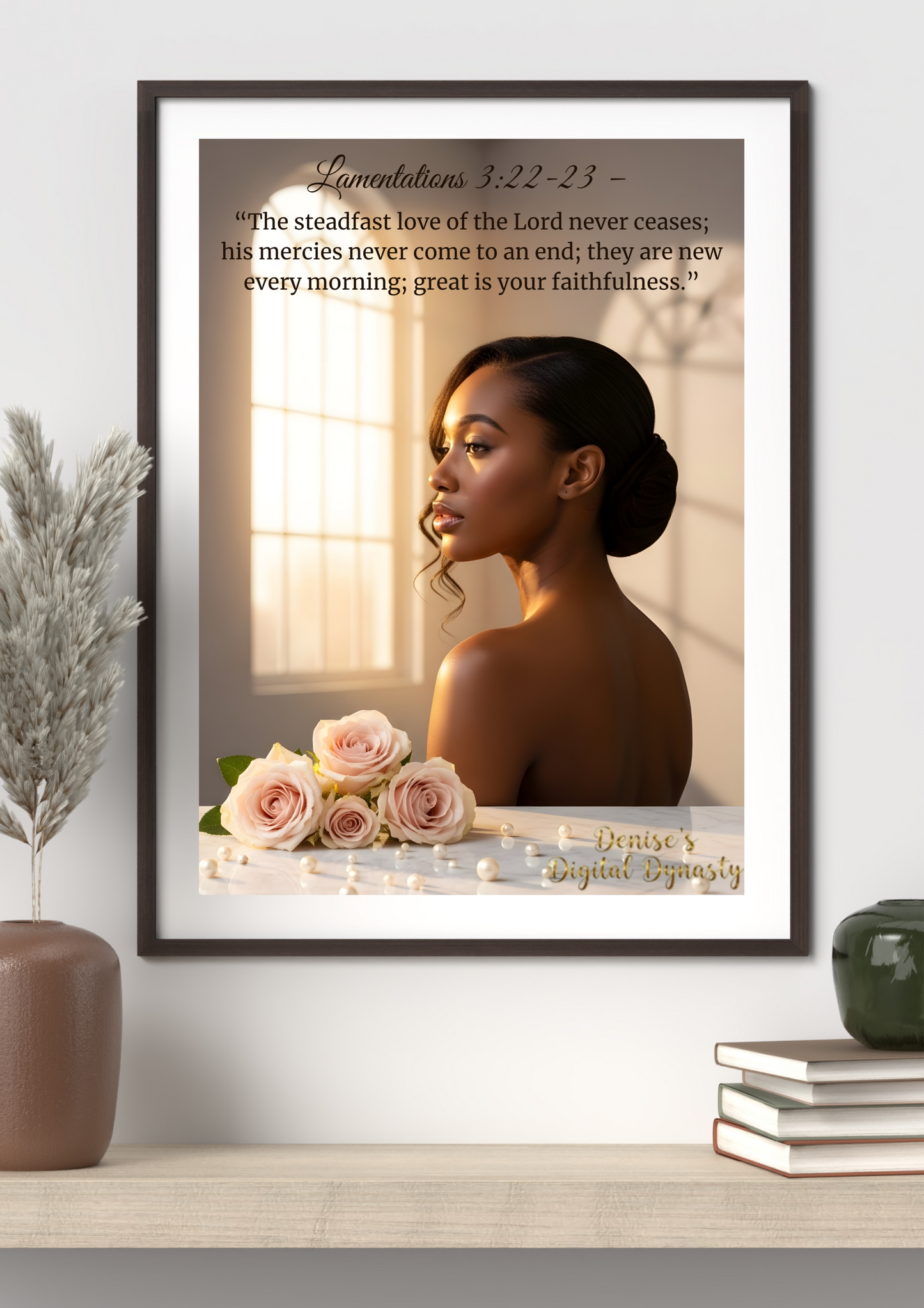 Framed artwork with a woman, roses, and a biblical quote on a wall.