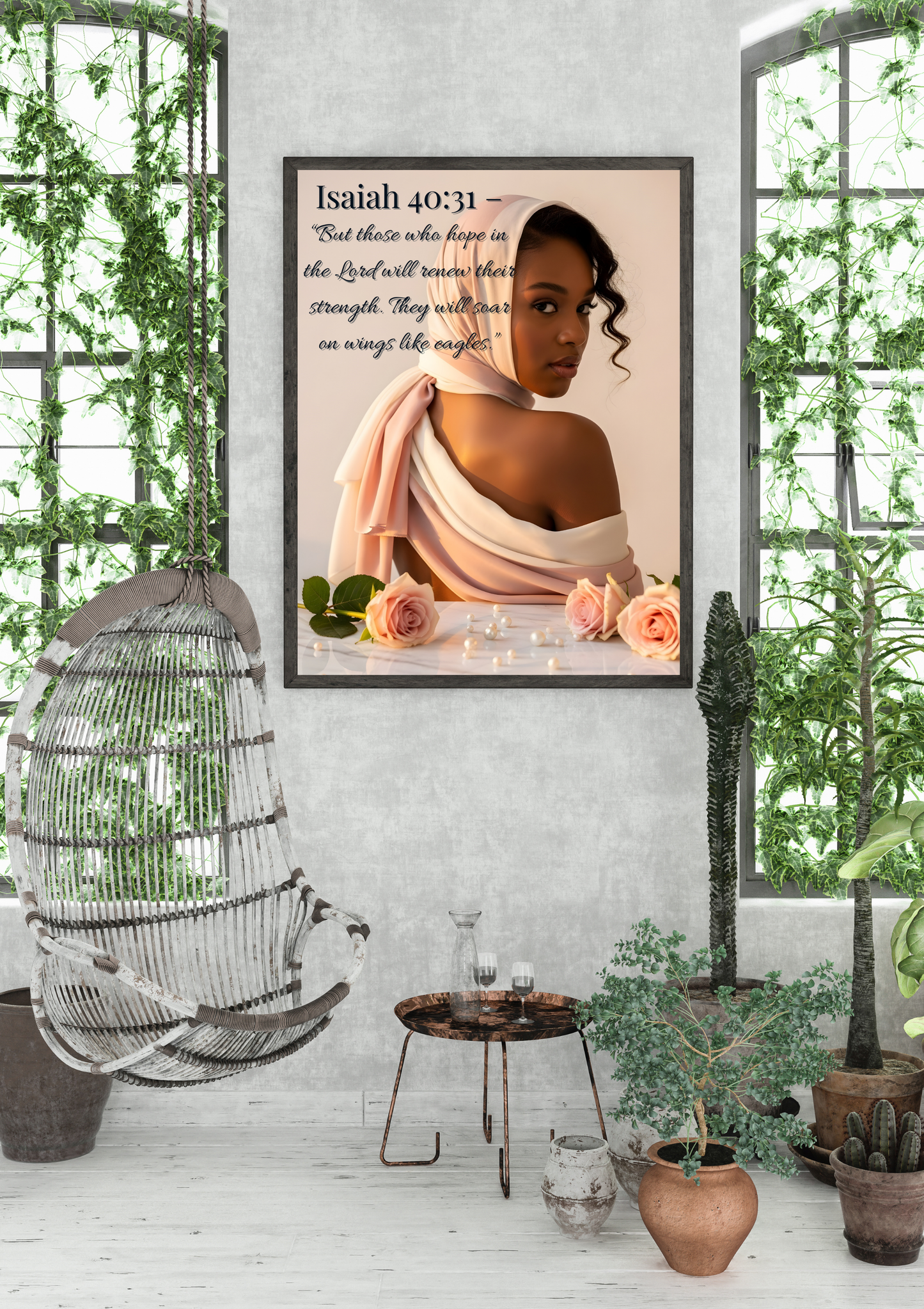Framed artwork of a woman with a pink scarf in a room with plants and a hanging chair.
