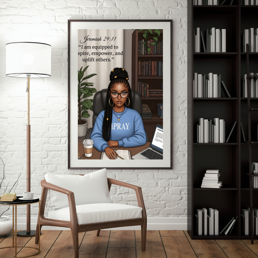 Framed artwork of a woman with 'PRAY' shirt in a home office setting