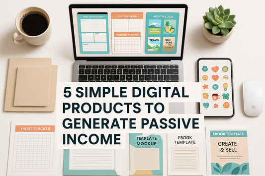 "Digital products such as ebooks, printables, online courses, and templates displayed on a laptop and tablet, symbolizing simple ways to generate passive income online."