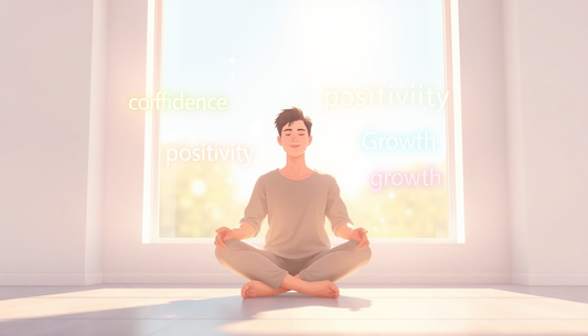 "Person sitting peacefully in a sunlit room surrounded by glowing words like confidence, positivity, and growth, representing the transformative power of daily affirmations for mindset and personal development."