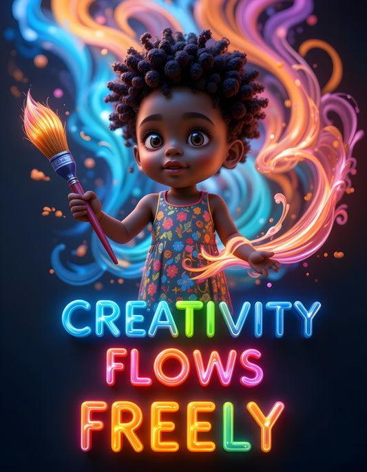 Illustration of a child holding a paintbrush with colorful flames, accompanied by the text 'Creativity Flows Freely'.