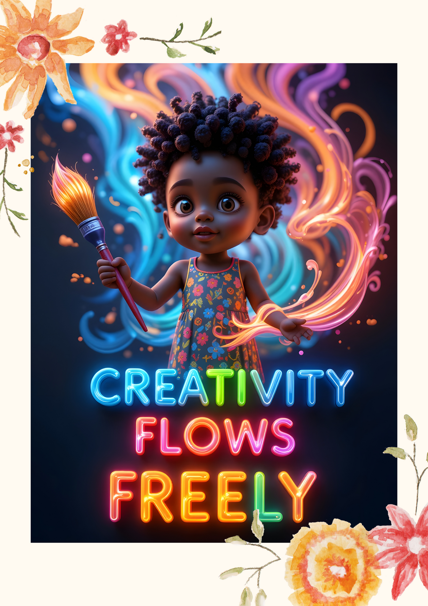 Animated character holding a paintbrush with colorful flames, surrounded by flowers and the text 'Creativity Flows Freely' on a dark background.
