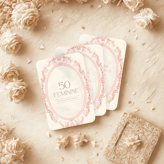 Decorative Feminine Affirmation cards with floral design on a textured surface