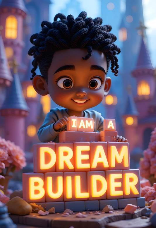 Animated character with 'I AM A DREAM BUILDER' sign in front of a castle.