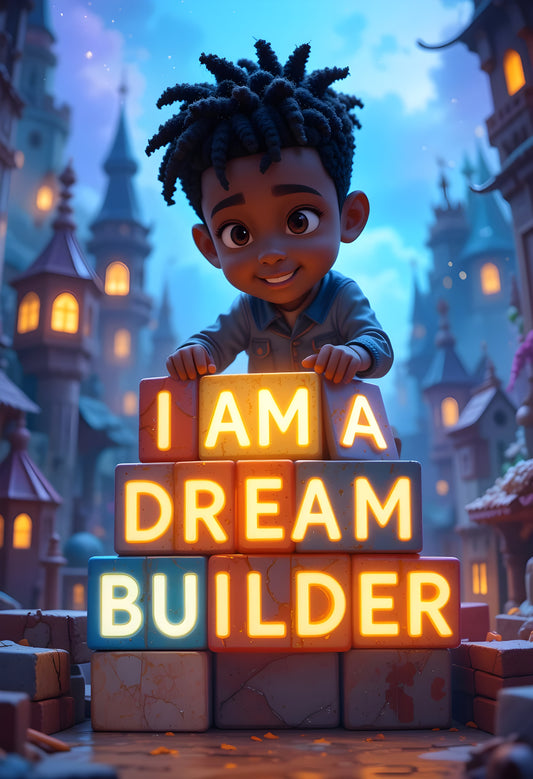 Child with 'I AM A DREAM BUILDER' blocks in a fantasy village setting
