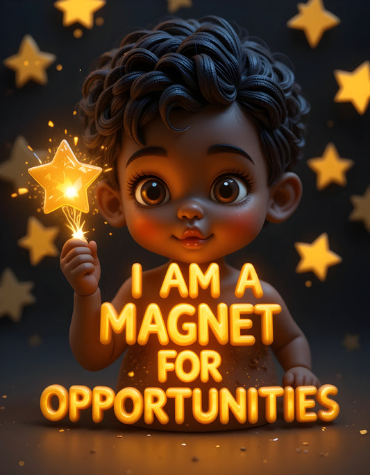 Illustration of a child holding a star with text 'I AM A MAGNET FOR OPPORTUNITIES' on a dark background with stars.