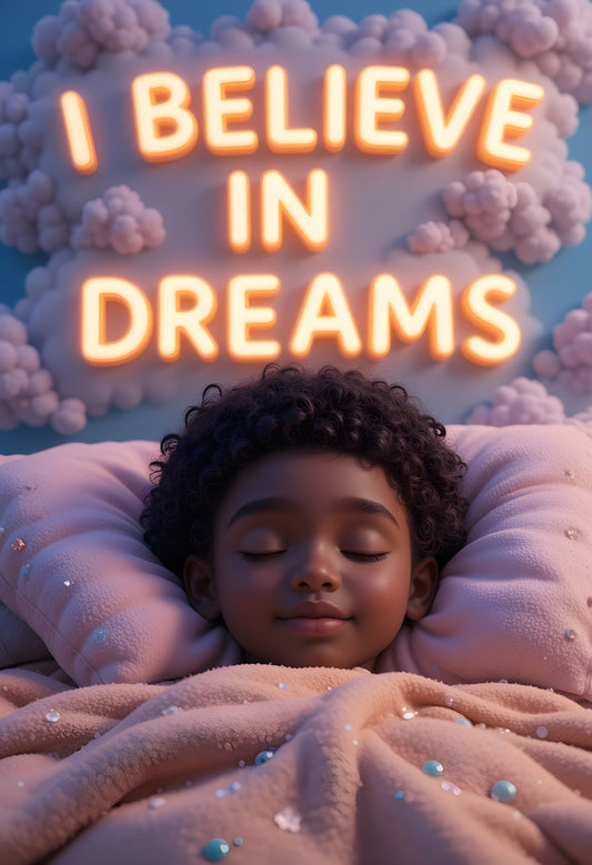 Child lying in bed with 'I Believe in Dreams' text above