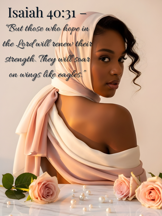 Woman with a headscarf and roses, Isaiah 40:31 text overlay