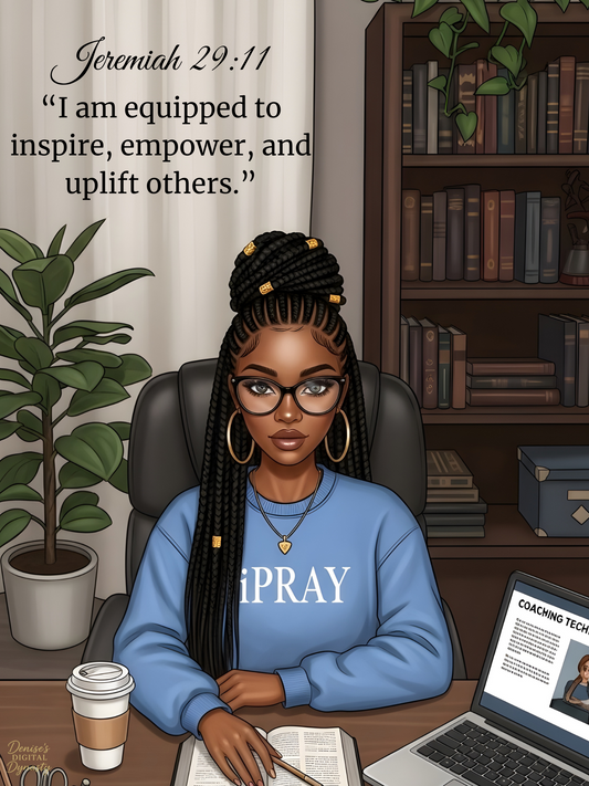 Person wearing a blue sweatshirt with 'iPRAY' text, sitting at a desk with a laptop and coffee, surrounded by books and plants.