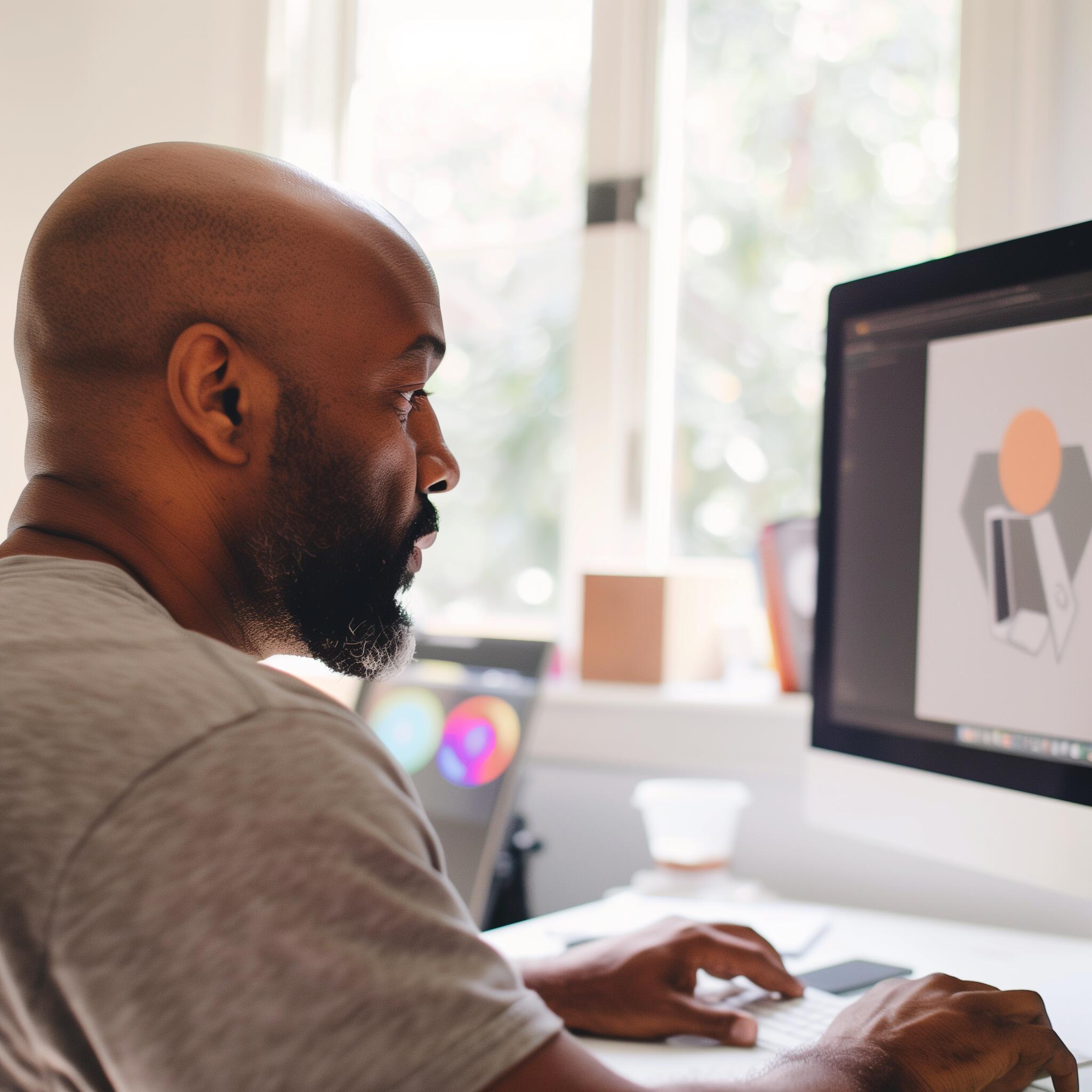 An African American male working at his desk on his computer.