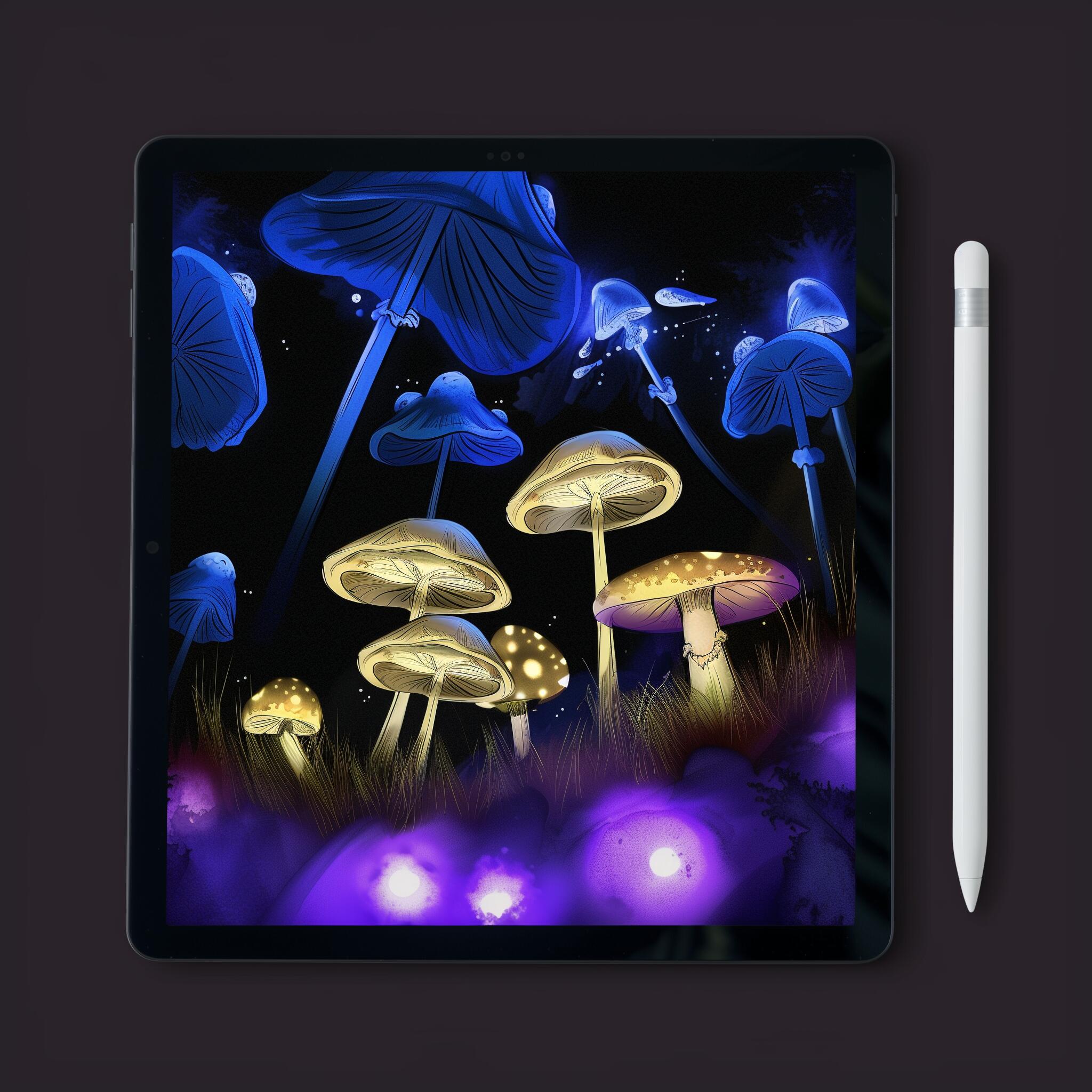 Colorful mushrooms beamed in light
