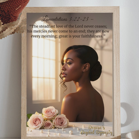 Woman holding flowers with a religious quote on a soft background