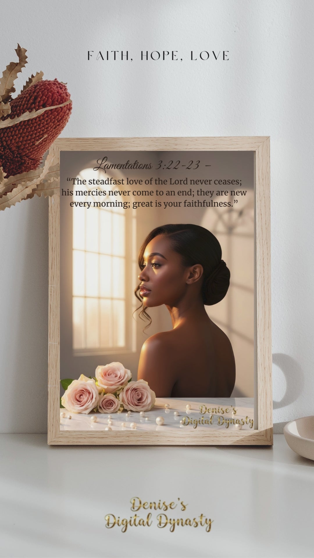 Woman holding flowers with a religious quote on a soft background